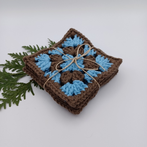 Handcrafted Cotton Coasters - Set of 4 - Blue and Brown - Picture 1 of 7